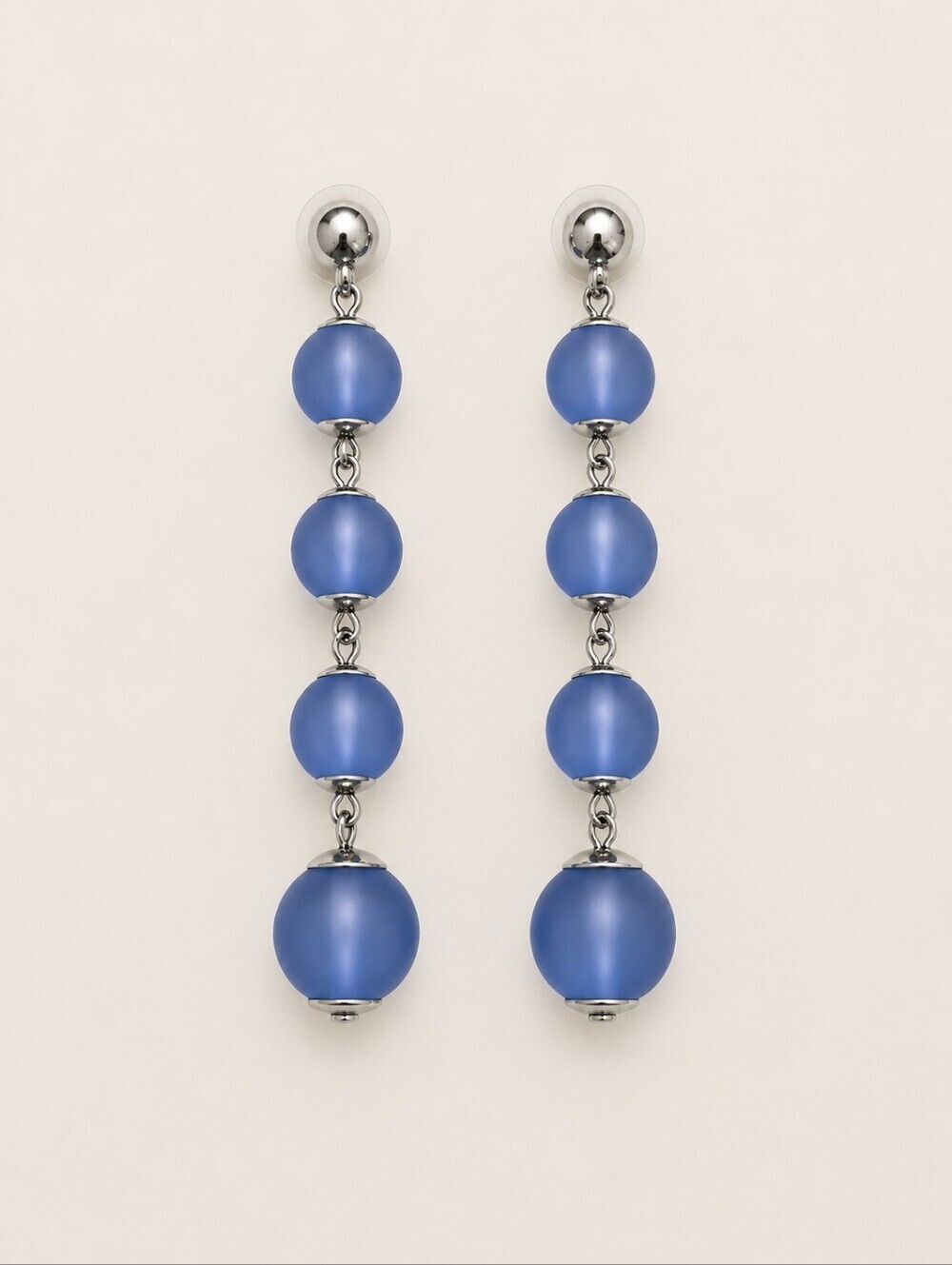 Vintage Long Frosted Baby Blue Acrylic Beaded Drop Dangle Earrings